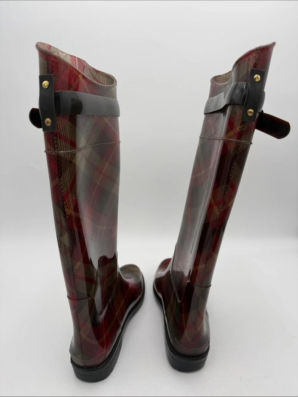 Lauren Ralph Lauren Red Plaid Tall Rain Boots women 6  Black Strap outdoor